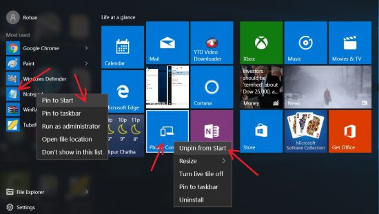 pin and unpin application to the windows start menu