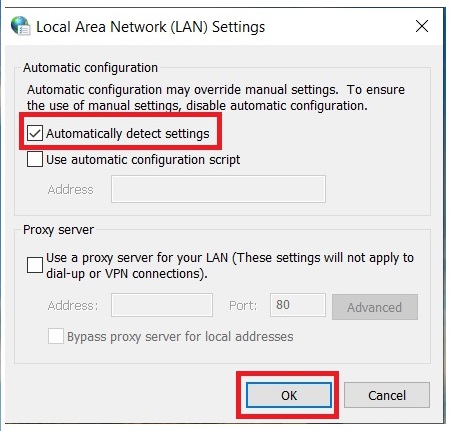 Check Automatically detect settings Options