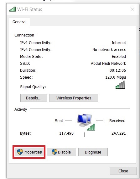 wifi connections properties to fix this site cannot be reached error