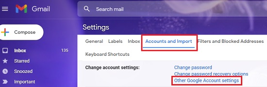 Gmail accounts and imports settings