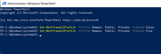 PowerShell Set-NetFirewallProfile –Enabled False command Windows