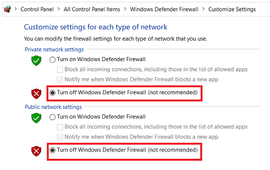Control Panel Windows Defender Firewall turn off screen Windows 10