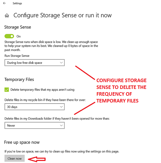 CONFIGURE STORAGE SENSE TO DELETE WINDOWS TEMPORARY FILES