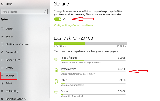 Delete temporary files using Storage Sense