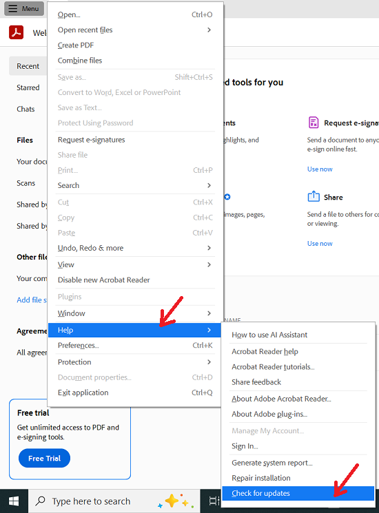 Checking for updates in Adobe Reader to fix blank PDF issue